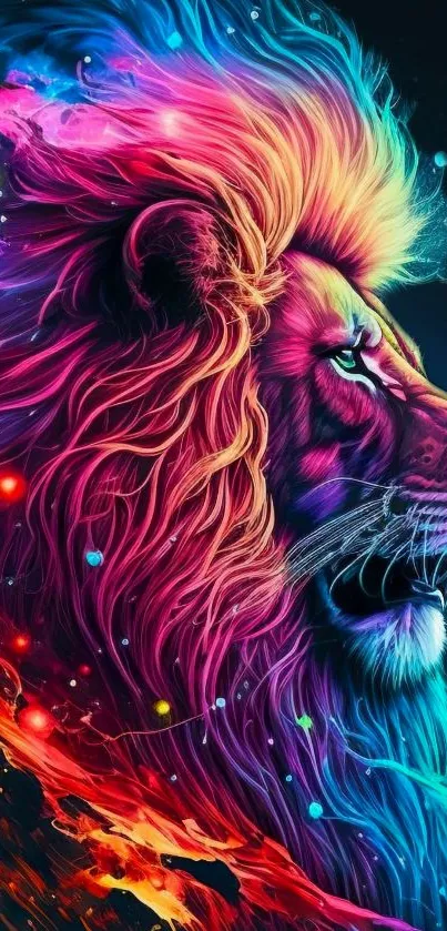 Majestic neon lion art with vibrant colors.