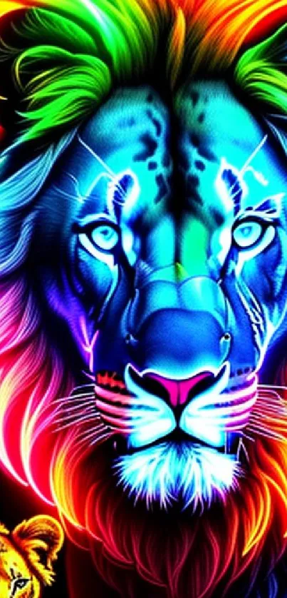 Vibrant neon lion artwork with colorful mane.