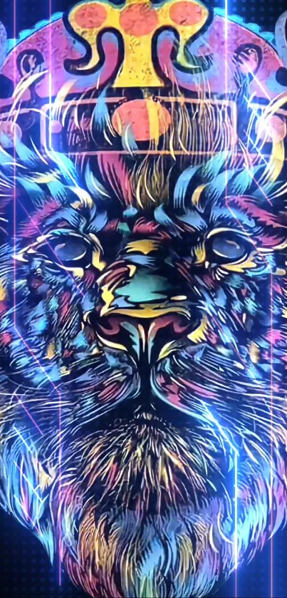 Vibrant neon lion with crown wallpaper for mobile.