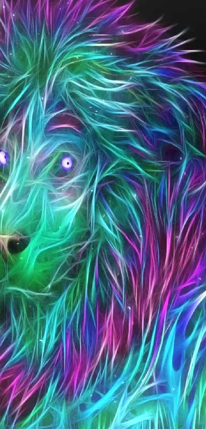 Vibrant neon lion artwork with colorful abstract design on black background.