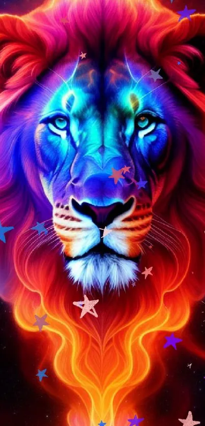 Vibrant neon art wallpaper featuring a majestic, colorful lion head design.