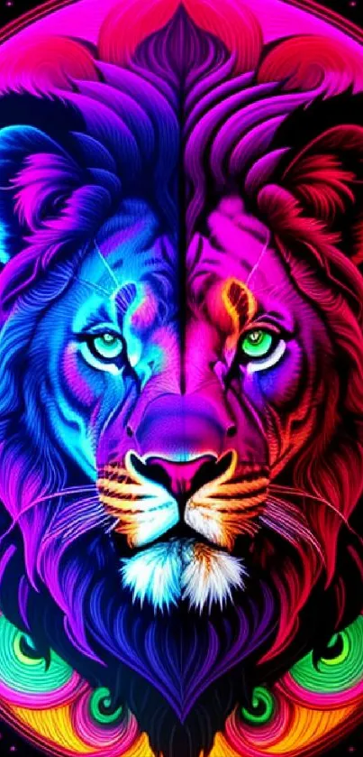 Vibrant neon lion art wallpaper in bold colors.