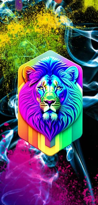 Vibrant neon lion in colorful art design wallpaper for mobile screen.