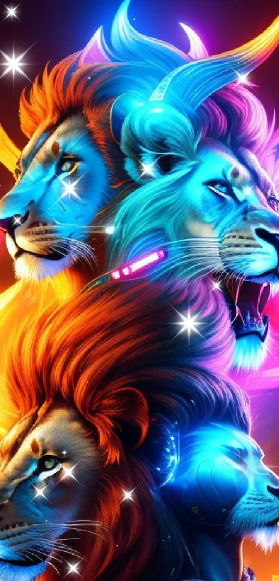 Colorful neon lions in futuristic digital art.