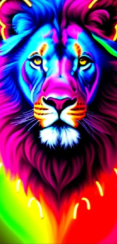 Vibrant neon lion with colorful flowing mane.