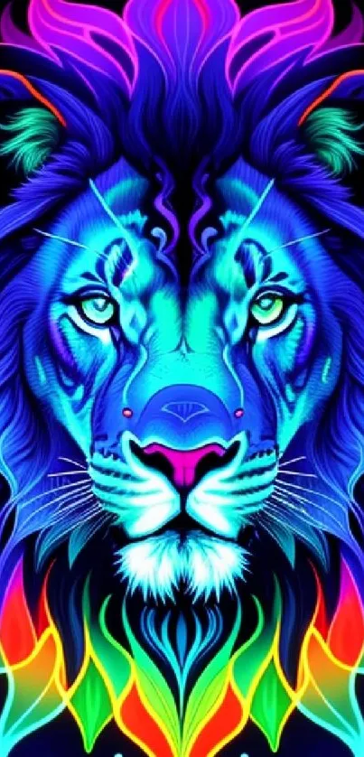 Vibrant neon lion art with colorful patterns.