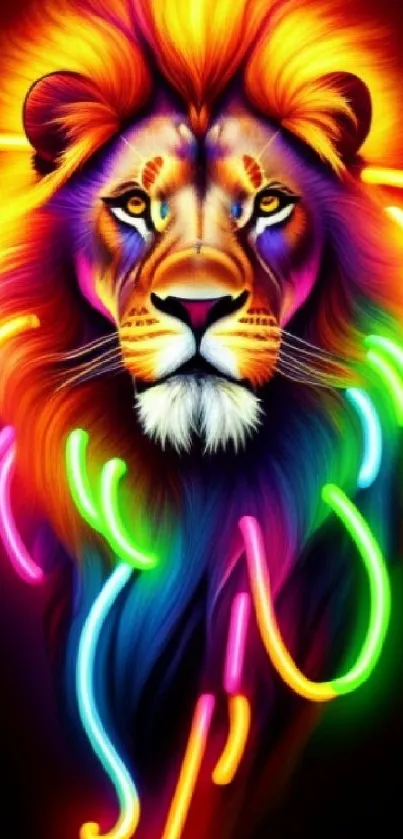 Vibrant neon lion art with bright colors.