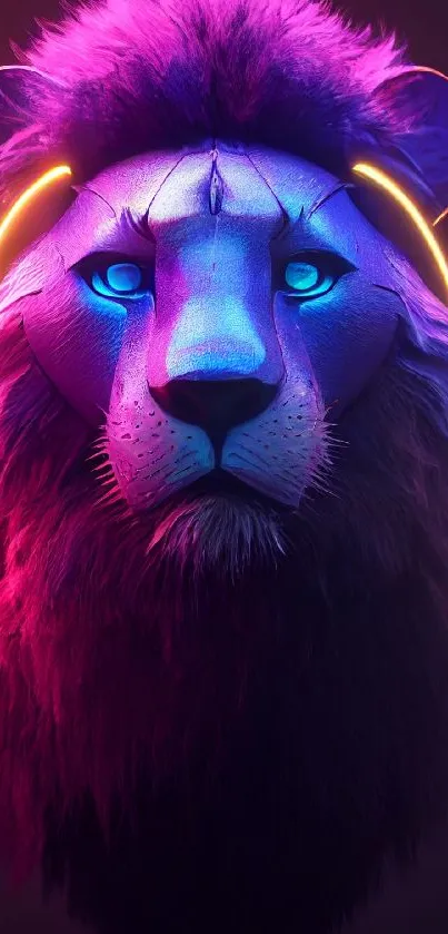 Neon lion head with vivid, colorful lighting effects.