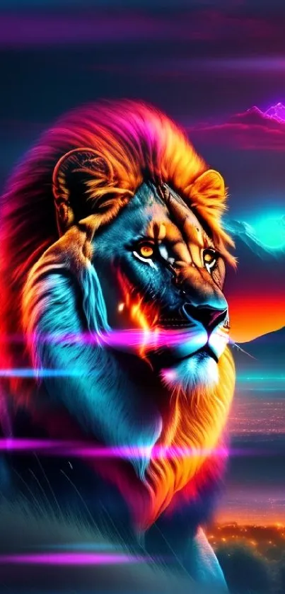 A neon-colored lion in a fantasy landscape, vibrant and captivating.