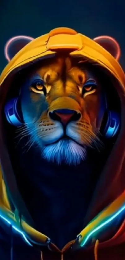 Neon lion in hoodie with headphones on mobile wallpaper.