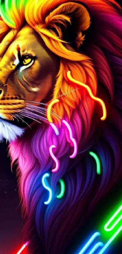 Neon lion with vibrant mane, colorful abstract art.