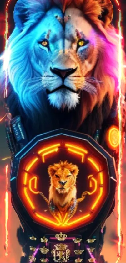 Neon-colored lion design wallpaper with vibrant colors.