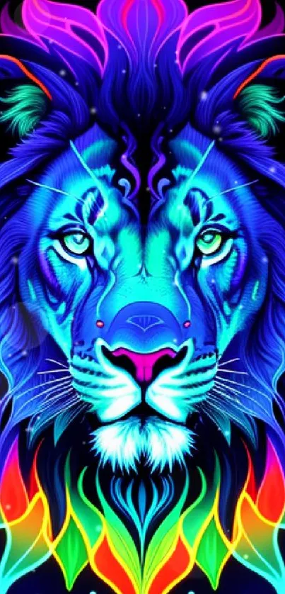 Colorful neon lion face with vibrant colors and artistic details.