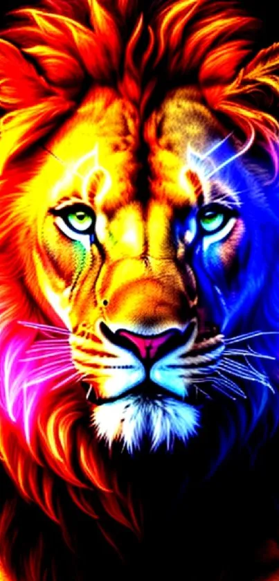 Vibrant neon lion with colorful design on black background.