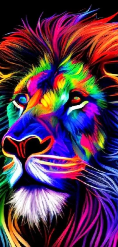 Colorful neon lion illustration with vibrant hues on a black background.