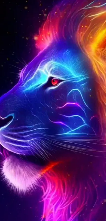 Colorful neon lion wallpaper with vibrant blue and pink hues.