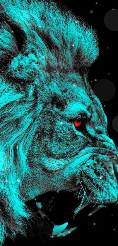 Vibrant neon lion illustration in aqua blue tones with striking details.