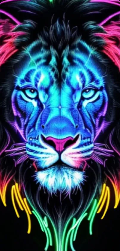 Vibrant neon lion head on black background wallpaper.