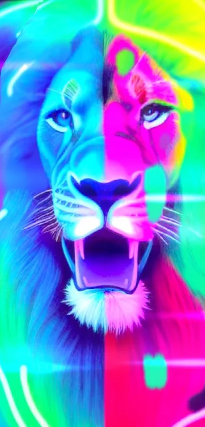 Vibrant neon lion wallpaper with bold colors and digital artistry.