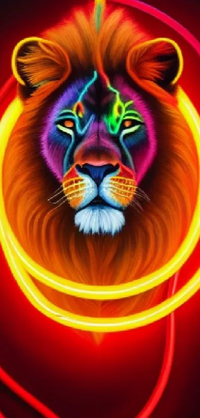 Neon lion head with vibrant red-yellow glow.