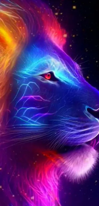 Colorful neon lion digital art wallpaper for mobile devices.