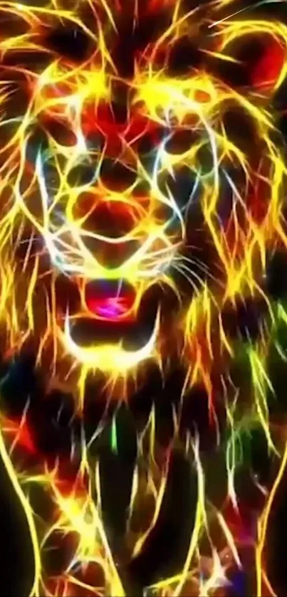 Vibrant neon lion wallpaper with colorful electric hues on dark background.