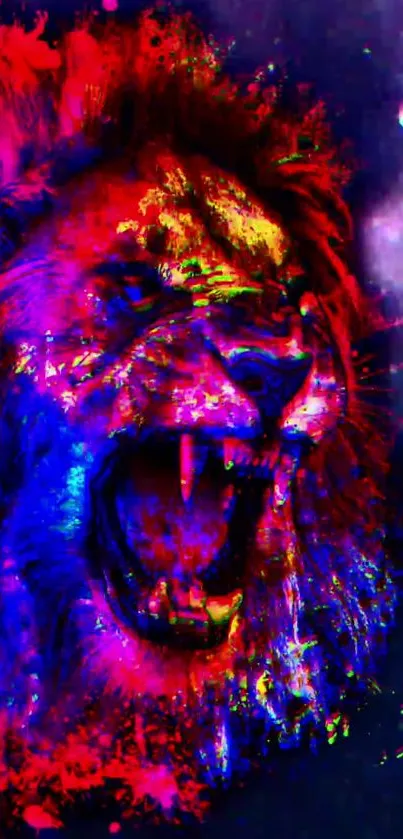 Vibrant neon lion roaring with intense colors.