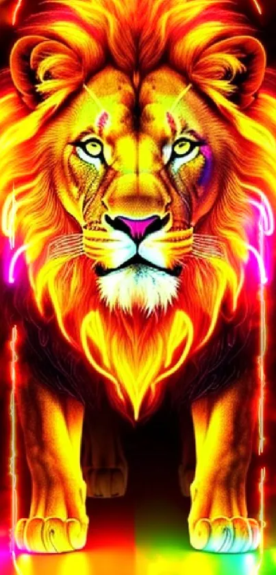 Vibrant neon lion wallpaper with bold orange and multicolor highlights.