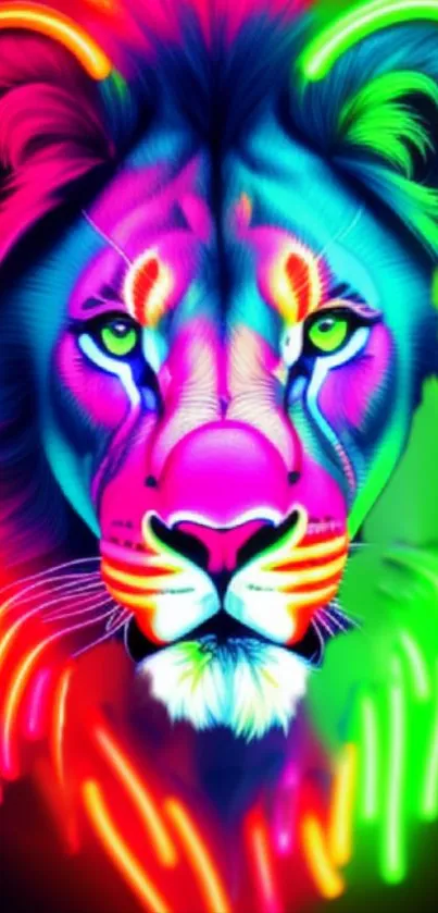 Colorful neon lion art with vibrant pink and green hues.