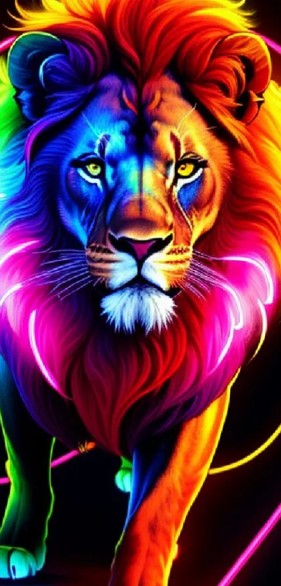 Vibrant multicolored neon lion wallpaper for mobile screens.