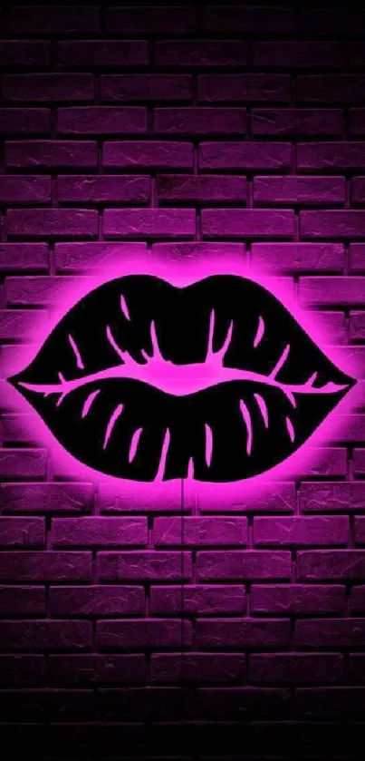 Neon lips glowing on a brick wall background.