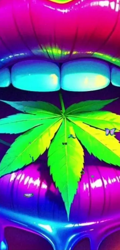 Neon lip art with leaf on vibrant background.