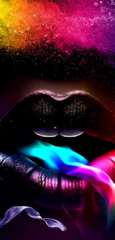 Vibrant neon lip art featuring colorful abstract design on black background.