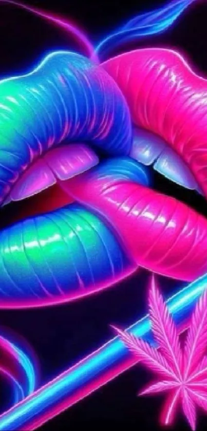 Neon pink and blue lips with a psychedelic leaf design.