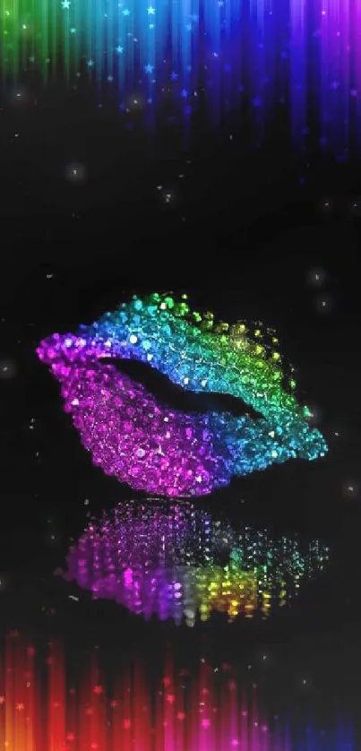 Colorful neon lips on a black background with rainbow gradient.
