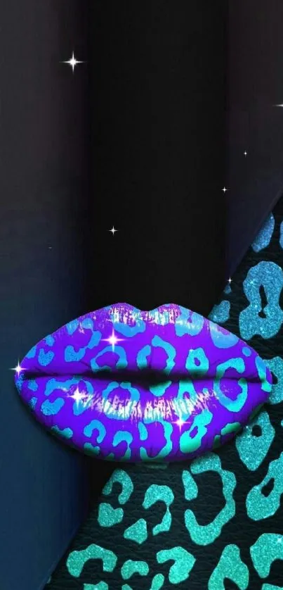 Neon lips and leopard pattern wallpaper in vibrant blues and purples.