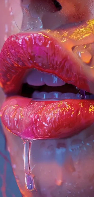 Close-up of glossy neon lips in vibrant purple and orange tones.