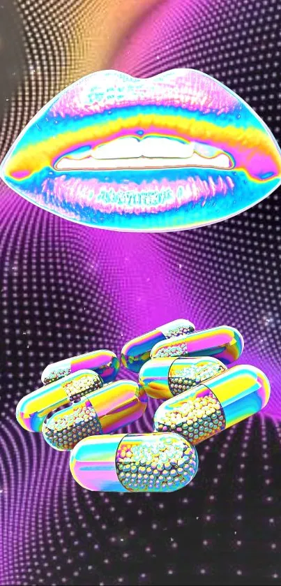 Colorful neon lips and pills wallpaper design.