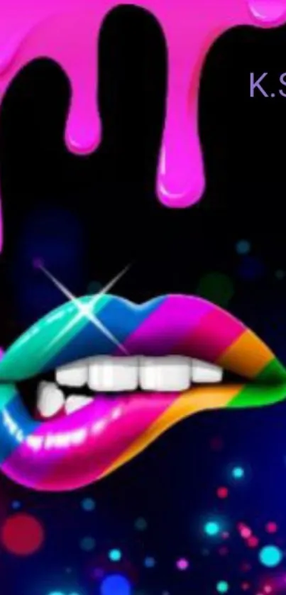 Vibrant neon lips with pink drips on a dark background.