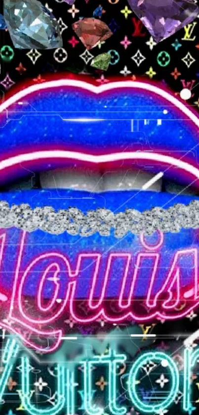 Vibrant neon blue lips with sparkling accents on luxury-themed wallpaper.