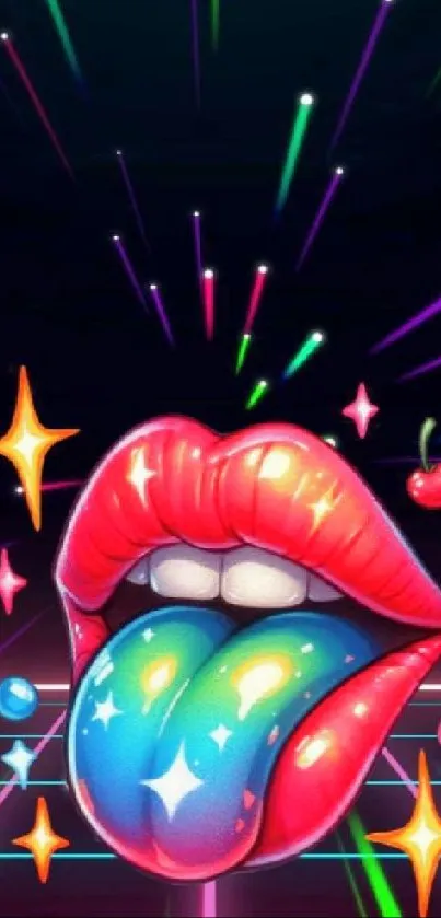 Colorful neon lips and cherry on vibrant phone wallpaper.