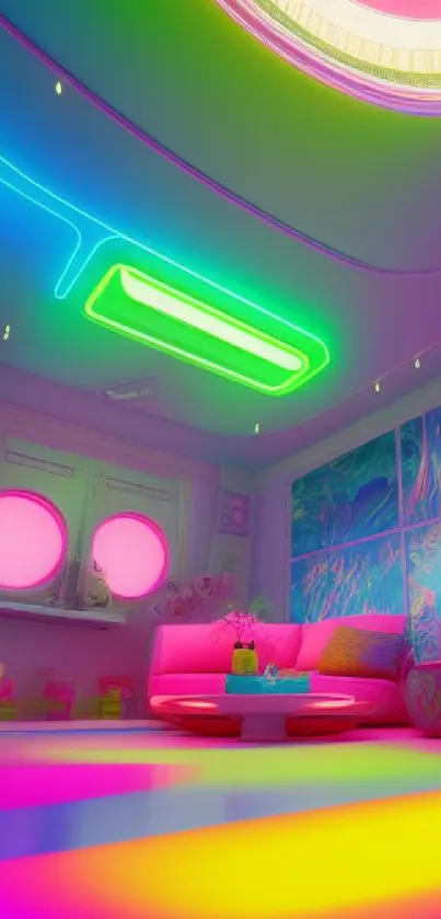 Neon-themed colorful living room with modern and artistic decor.