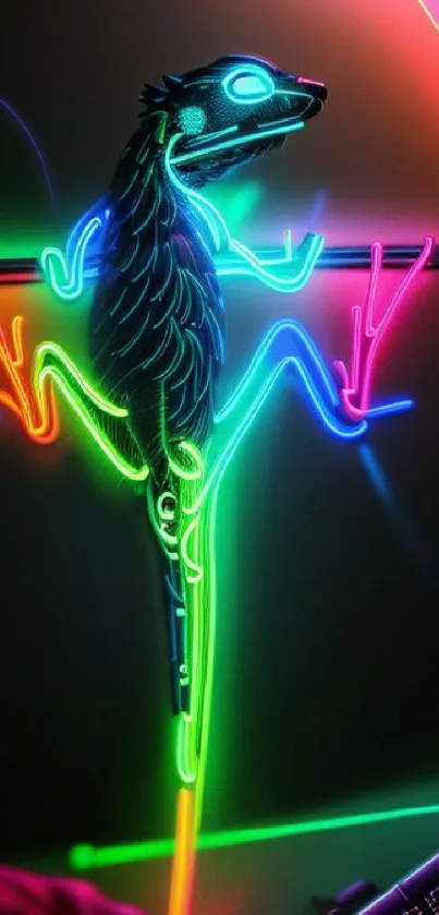 Neon lizard art on a vibrant mobile wallpaper with colorful lights.