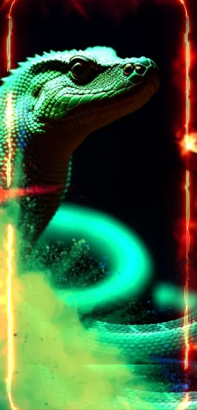 Vibrant neon green lizard with colorful orange and green hues on a dark background.