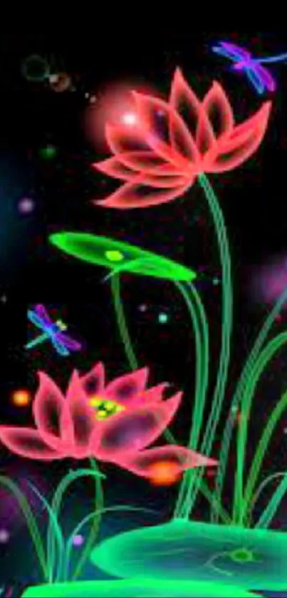 Vibrant neon lotus and colorful dragonflies on a dark mobile wallpaper.