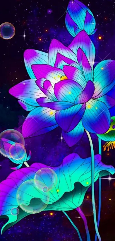 Vibrant neon lotus blossom against a cosmic backdrop, perfect for mobile wallpaper.