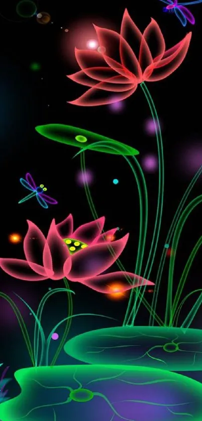 Vibrant neon lotus and dragonflies on a dark background.