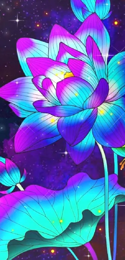 Vibrant neon lotus flower wallpaper with a cosmic background.