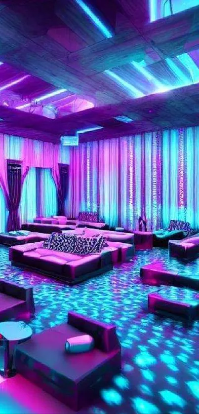 A vibrant neon lounge with pink and blue lighting, perfect for a stylish mobile wallpaper.