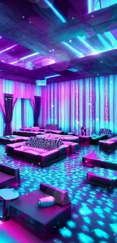 Vibrant neon lounge with purple and blue lighting and modern decor.